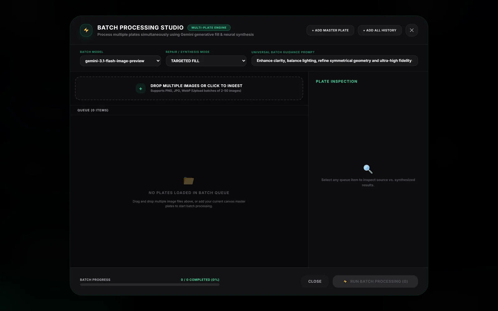 A dialog titled Batch Processing Studio with a batch model, a repair mode and a universal guidance prompt, an empty drop zone and queue, a Plate Inspection pane, and a Run Batch Processing button.