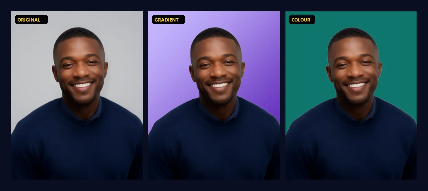 Three copies of the same portrait of a smiling man in a navy sweater: on the original grey backdrop, on a violet gradient and on a solid teal background.